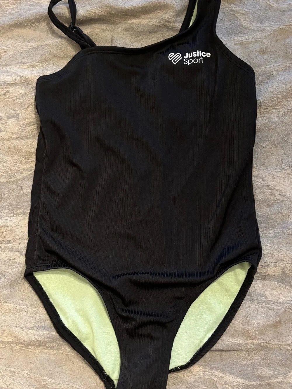 Justice Black One-Shoulder Girls' One-Piece Swimsuit with Lime-Green Lining